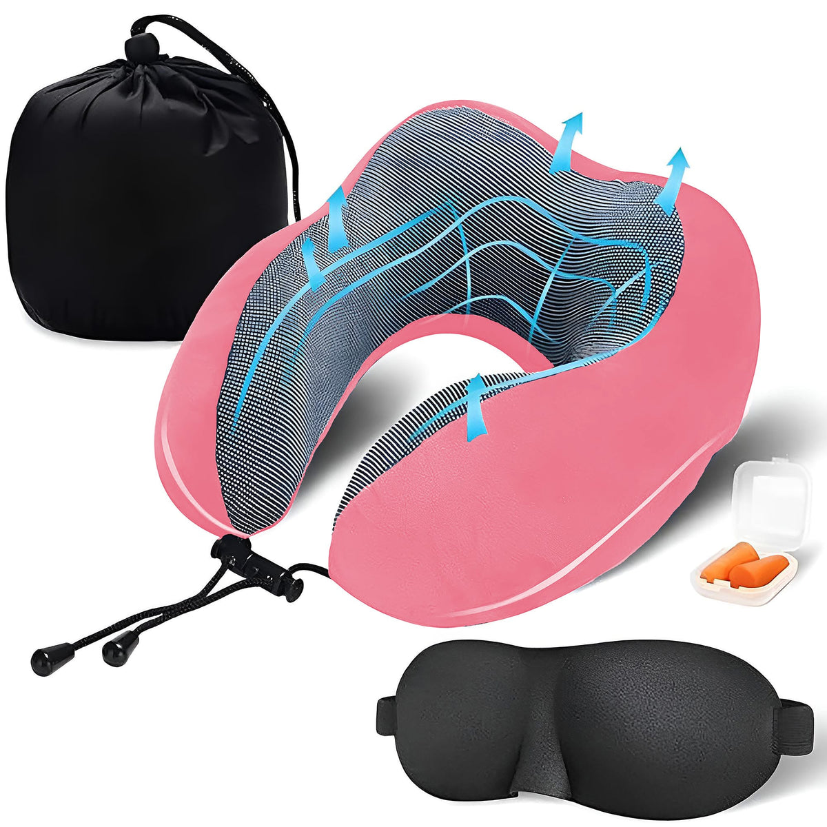 Pinkes Reisekissen mit schwarzem Beutel, schwarzer Schlafmaske und orangenen Ohrstöpseln