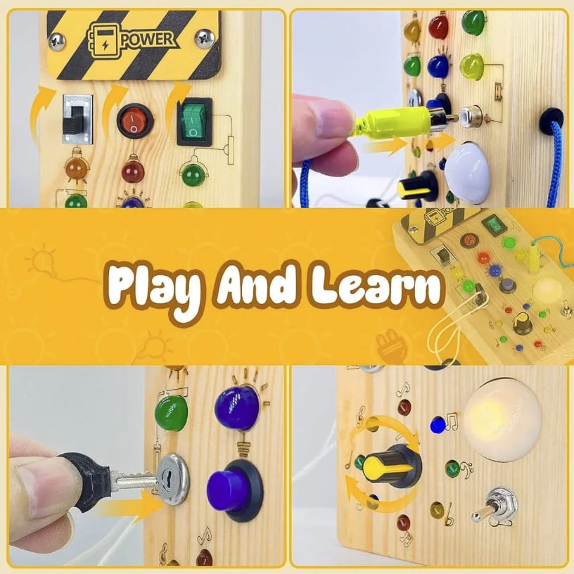 Sensorisches Spielzeug mit verschiedenen Lichtern und Knöpfen mit Anleitung zu den verschiedenen Funktionen