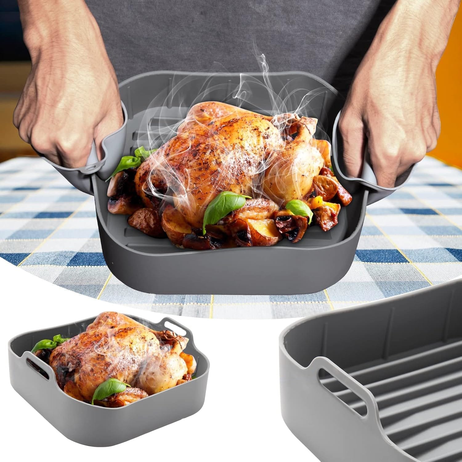 Grauer Silikoneinsatz für Airfryer in einem Anwendungsbeispiel mit gebratenem Hähnchen