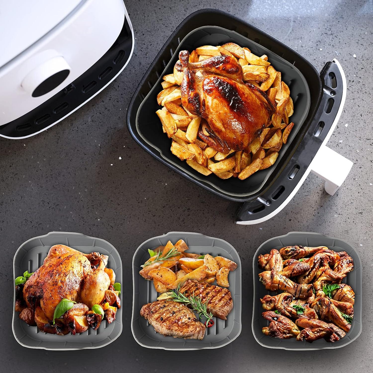 Grauer Silikoneinsatz für Airfryer in verschiedenen Anwendungsbeispielen