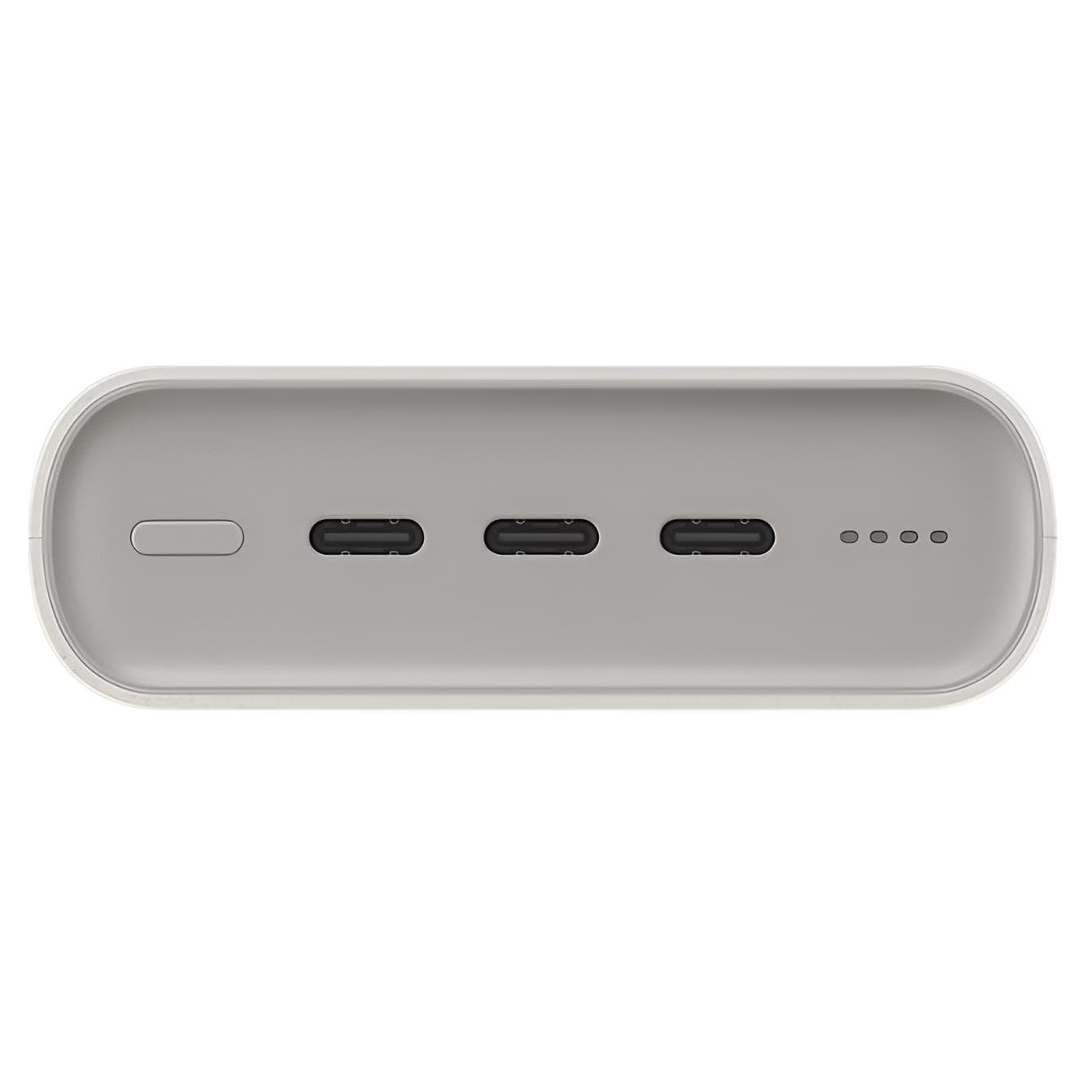 Weisse Powerbank von unten mit einem Knopf und drei USB-C Anschlüssen