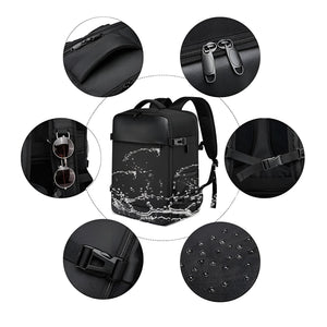 Produktdetails des schwarzen Rucksacks: Verschlüsse, Henkel, wasserfest