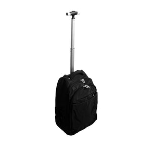 Schwarzer Trollyrucksack mit Reissverschlüssen und ausgefahrenem Ziehgriff