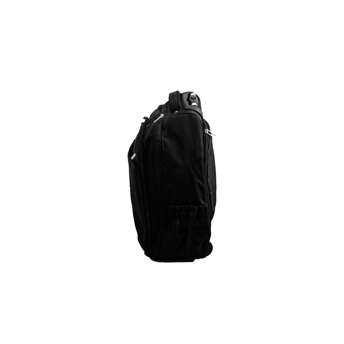 Schwarzer Trollyrucksack mit Reissverschlüssen und eingefahrenem Ziehgriff von der Seite