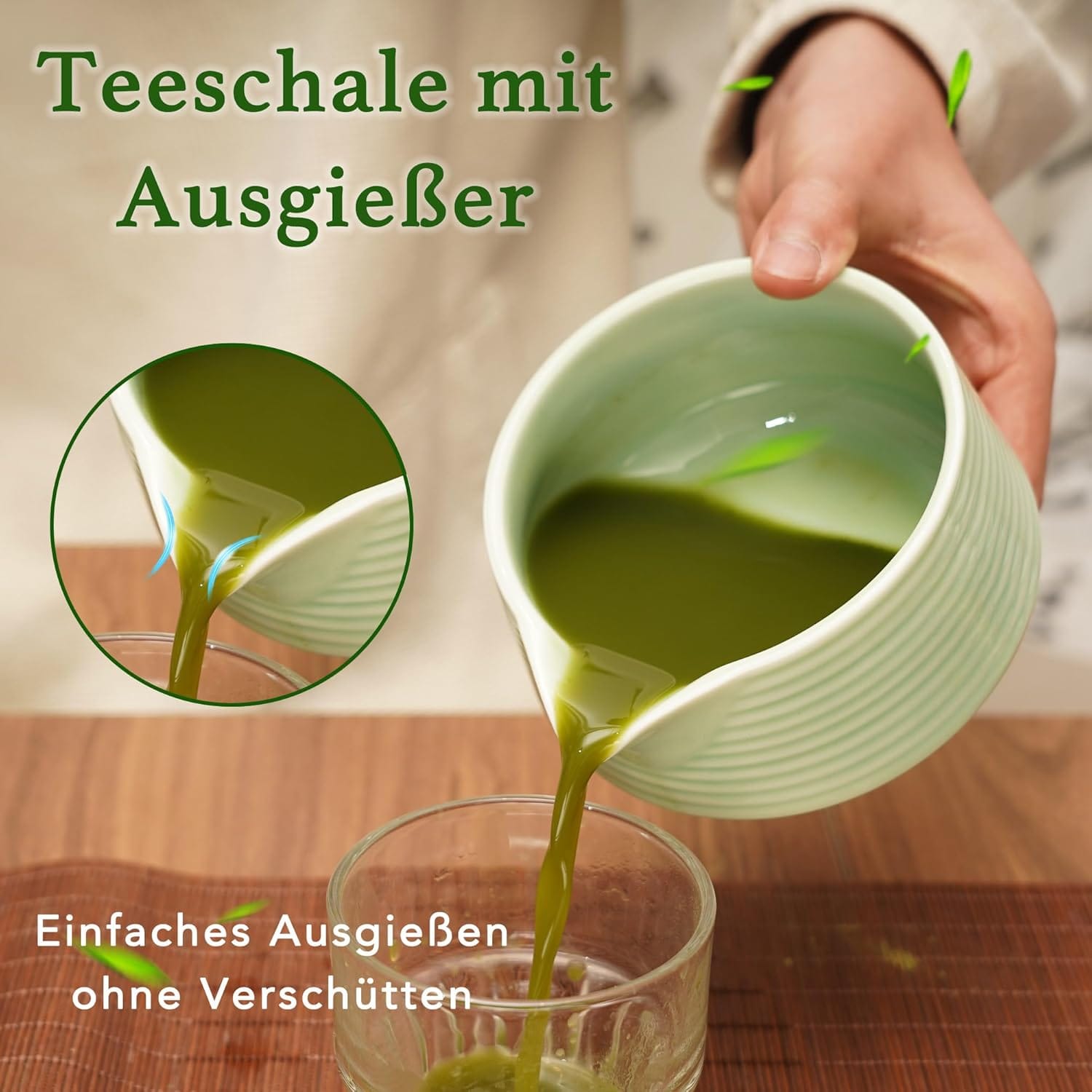 Grüne Teeschale mit Ausgiesser in einem Anwendungsbeispiel