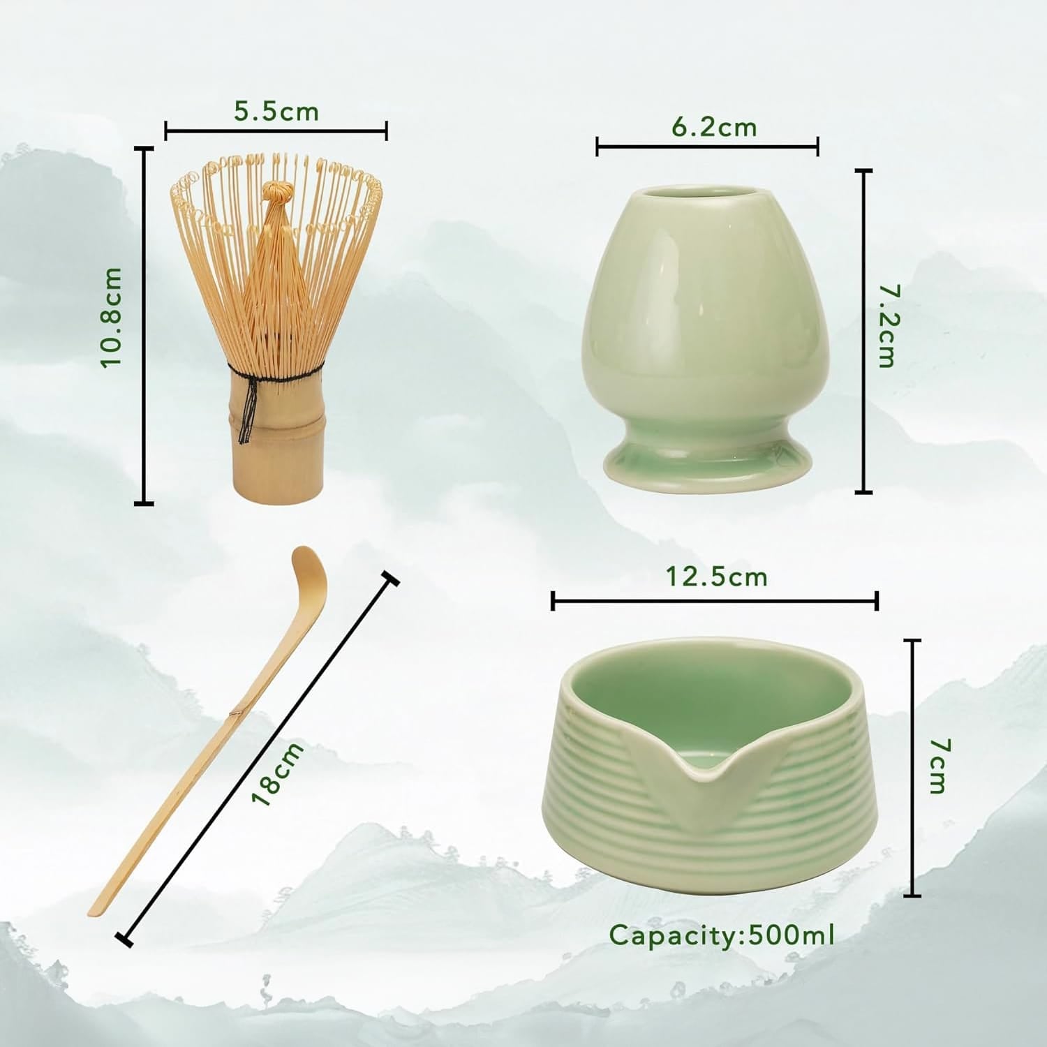 Matcha-Set mit den Massen von Schale, Bambusbesen und Löffel