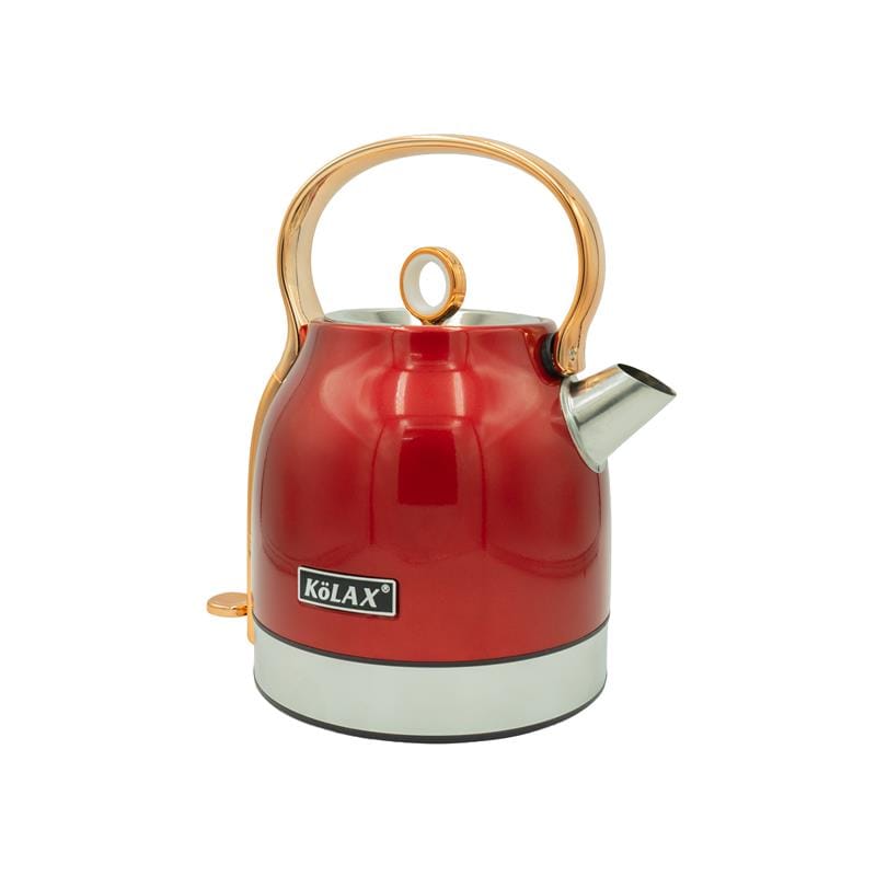 Roter Teekocher mit silbernen Details und goldenem Griff