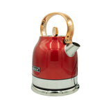 Roter Teekocher mit silbernen Details und goldenem Griff