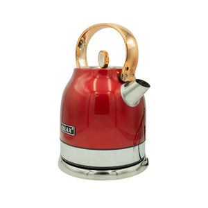 Roter Teekocher mit silbernen Details und goldenem Griff