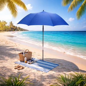 Blauer Sonnenschirm in einem Anwendungsbeispiel an einem Strand