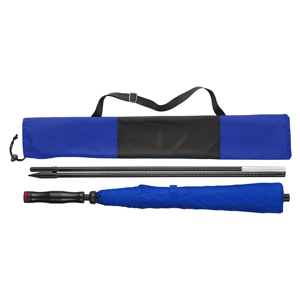 Eingepackter, blauer Sonnenschirm mit schwarzer Stange und blau-schwarzem Tragbeutel