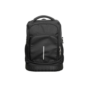Schwarzer Rucksack-Trolley von vorne mit Griff eingefahren