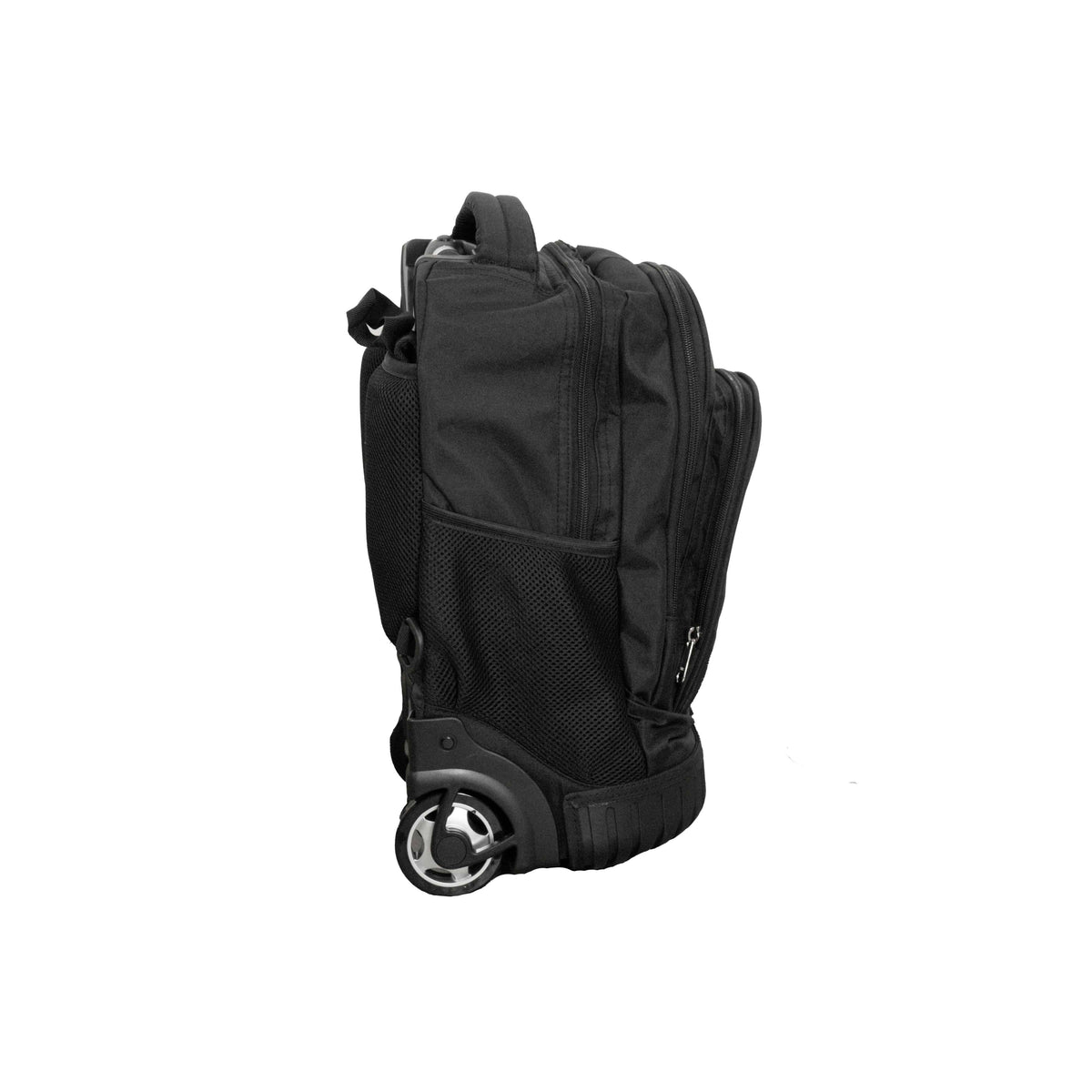 Schwarzer Rucksack-Trolley von der Seite mit Griff eingefahren