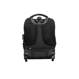Schwarzer Rucksack-Trolley von hinten mit Griff eingefahren