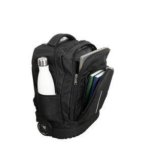 Schwarzer Rucksack-Trolley mit Griff eingefahren und Beispielsinhalt