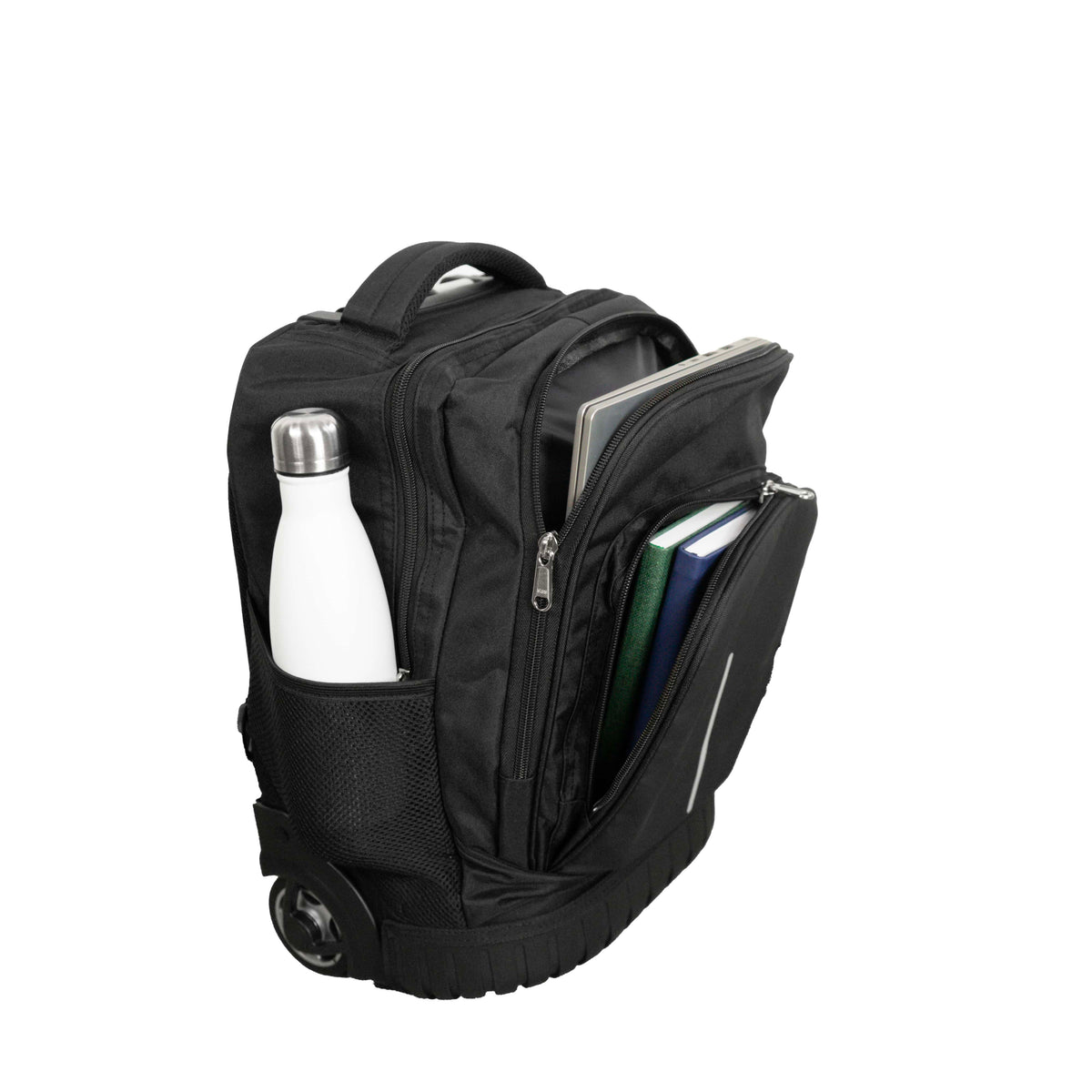 Schwarzer Rucksack-Trolley mit Griff eingefahren und Beispielsinhalt