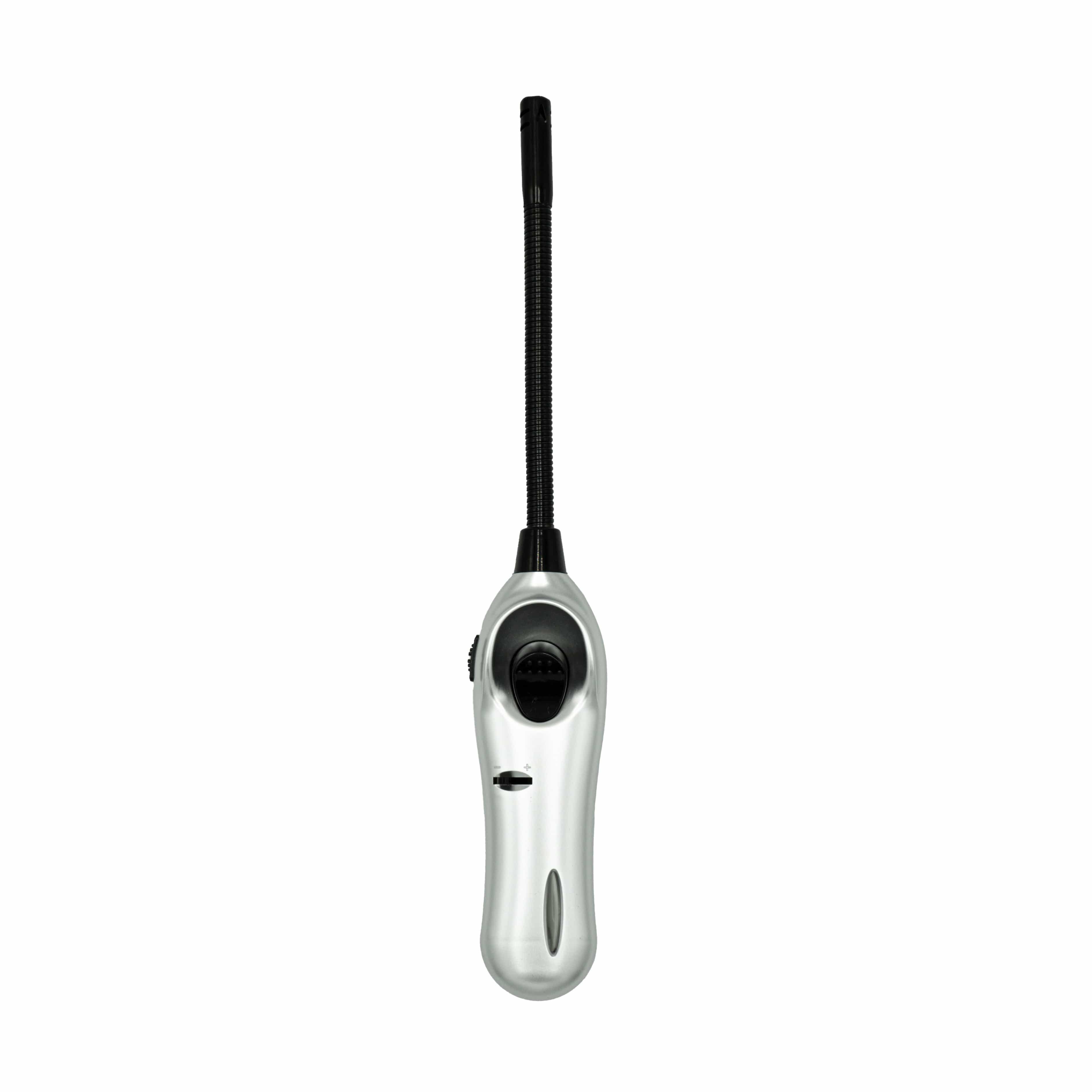 Silbernes Stabfeuerzeug mit schwarzem Knopf von oben