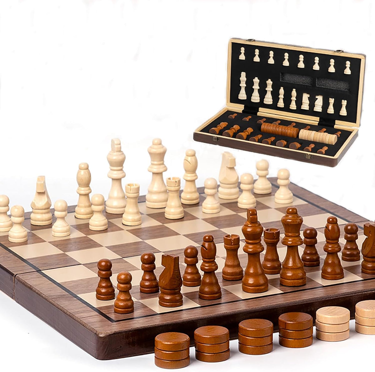 Schachset mit magnetischen Schachfiguren und Damenspielsteine