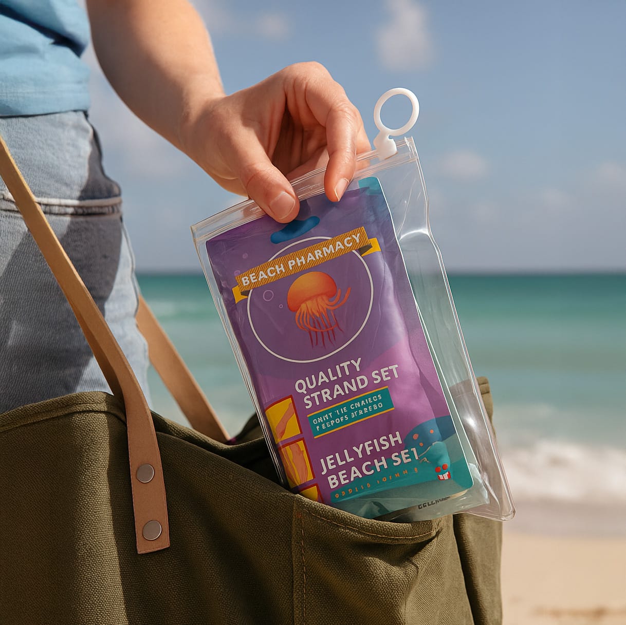 Schutz und Reise-Set in einem transparentem Beutel in einer grünen Tasche