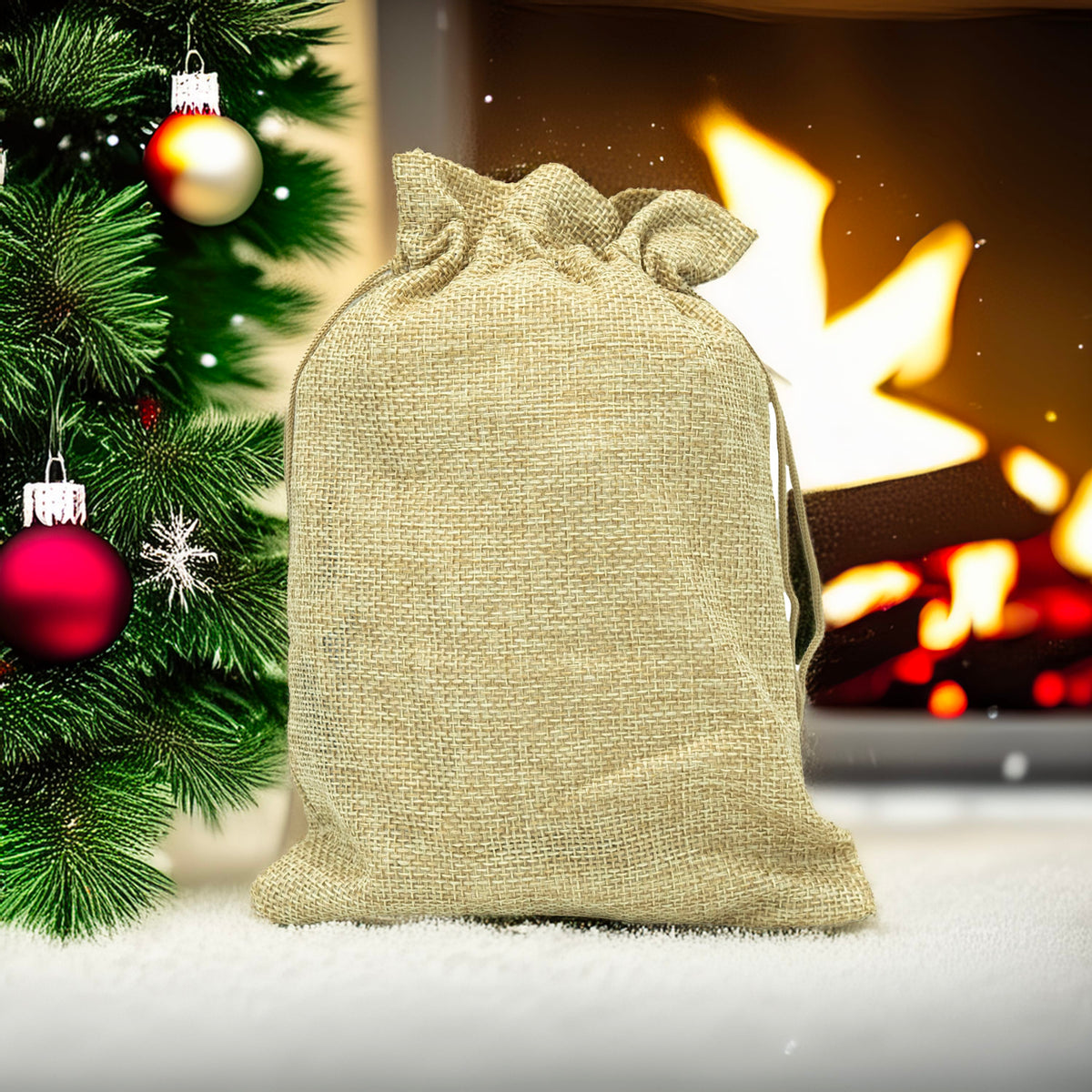 Beiger Stoffsack mit Weihnachtlichem Hintergrund