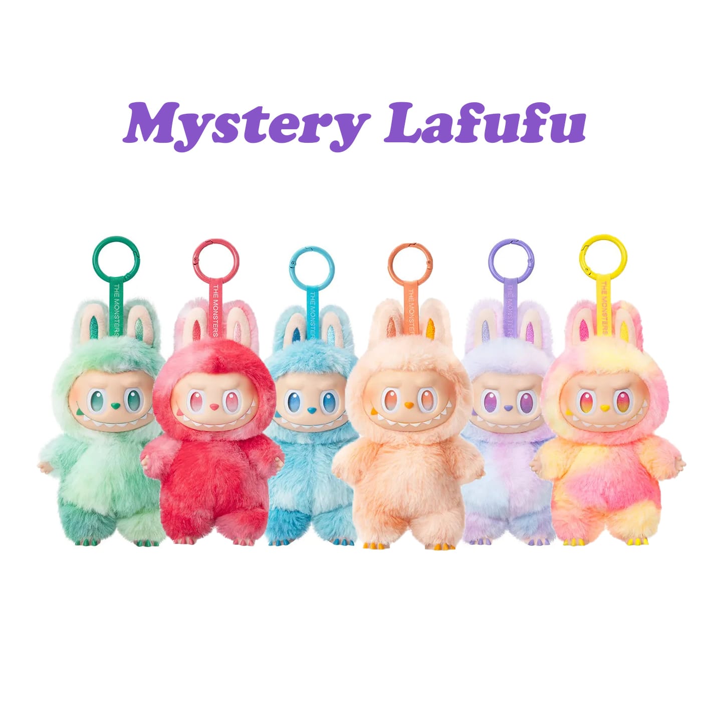 Lila Schriftzug "Mystery Lafufu" mit sechs kleinen Plüschtieren in verschiedenen Farben