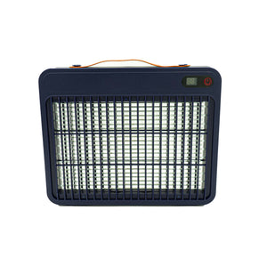 Dunkelblaue Moskito Killer Lampe mit Gitter als Vorderseite und orangenem Griff von vorne