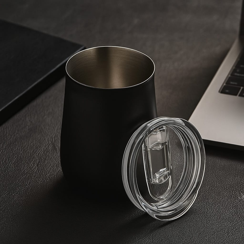 Schwarzer Thermobecher mit transparentem Deckel entfernt auf einem Tisch mit Laptop im Hintergrund