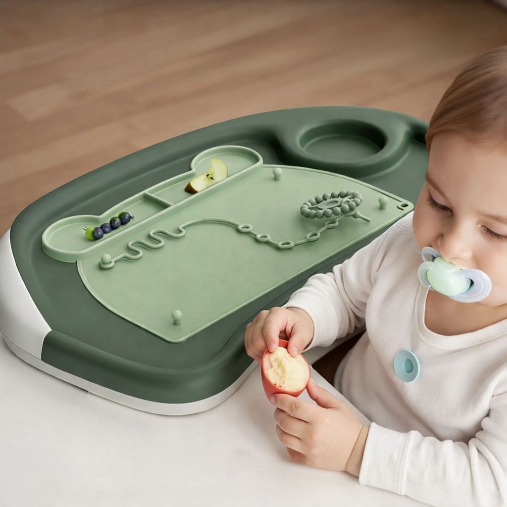 Grüne Silikonmatte in Bärenkopf-Form in einem zweiten Anwendungsbeispiel mit einem Baby