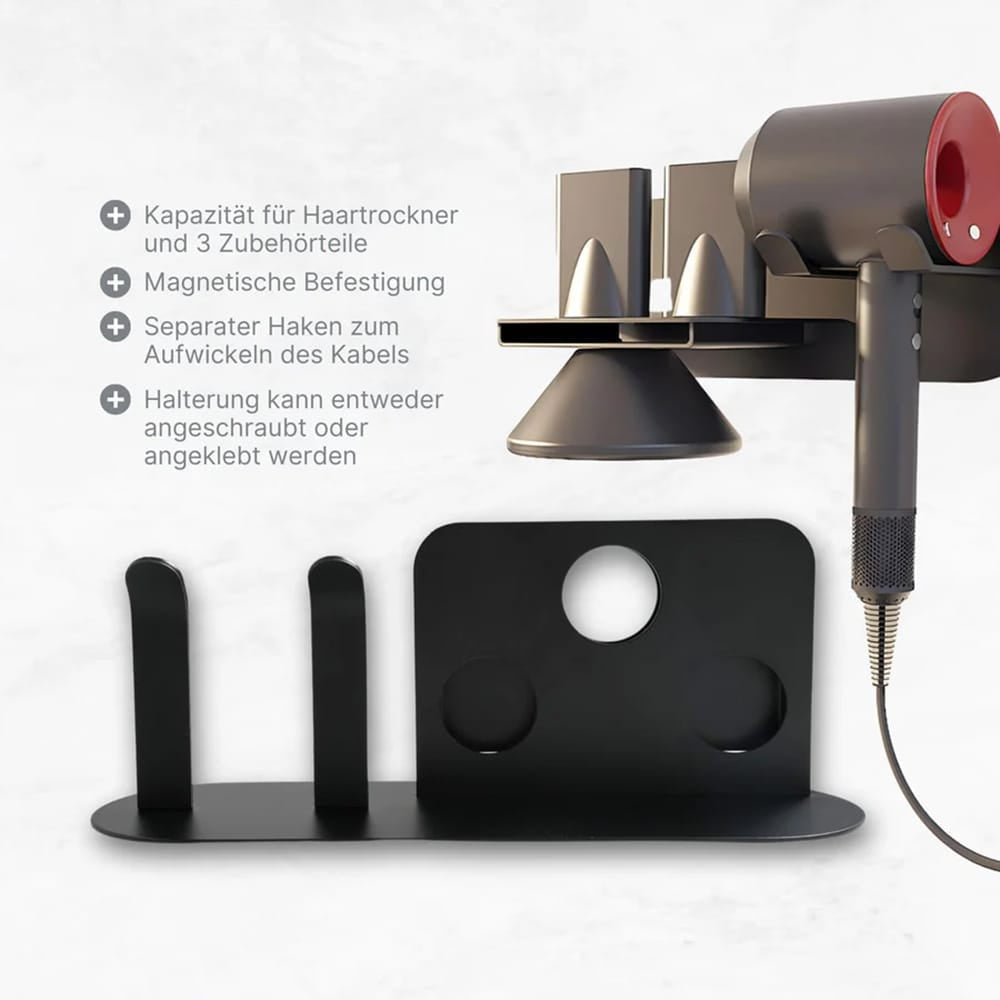 Schwarze Metallwandhalterung für Dyson Airwrap Aufsätze von oben