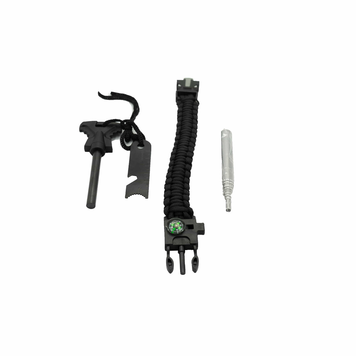Survival-Armband, Feuerstahl und Feuerblasrohr