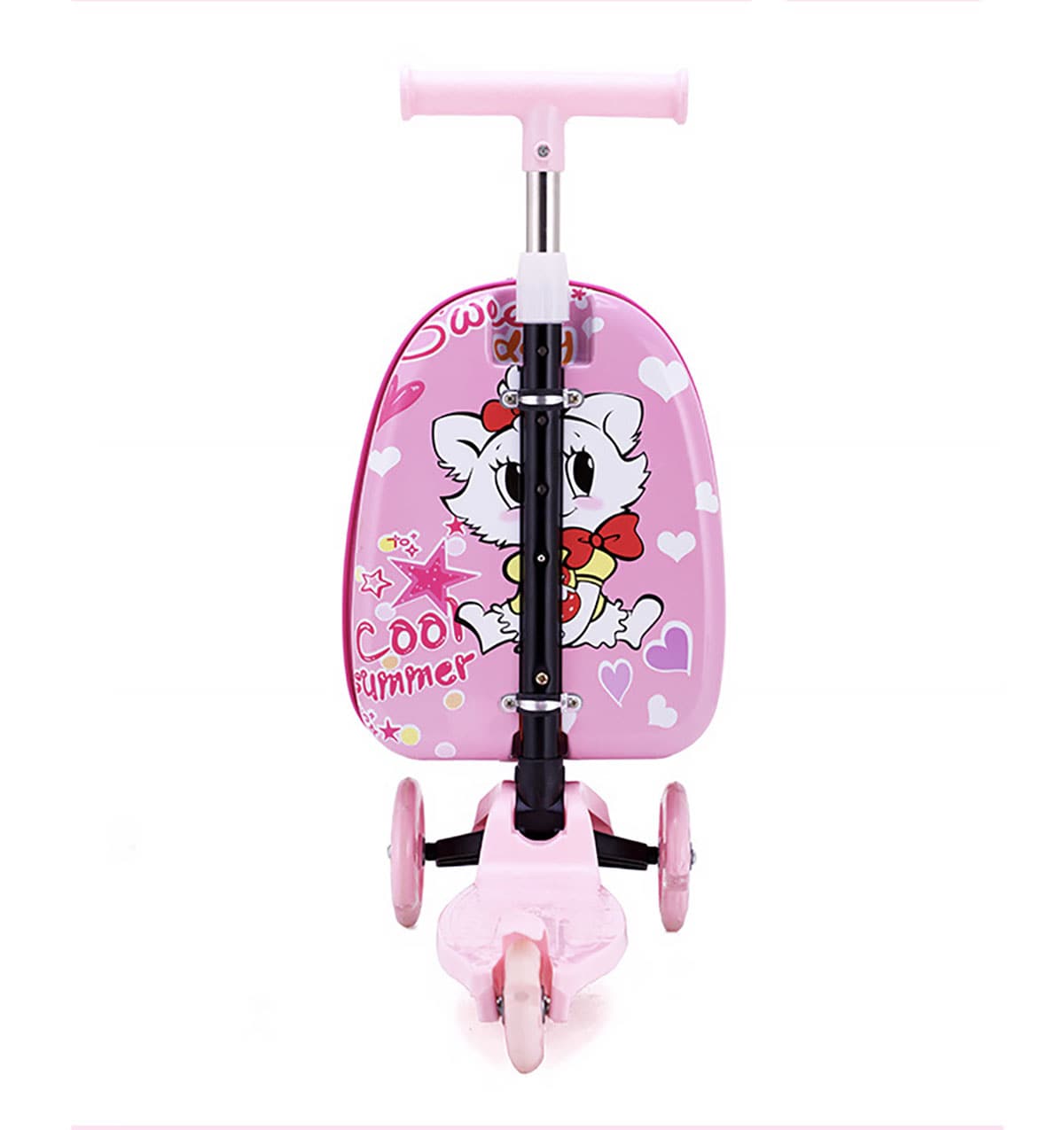 Pinker Scooter Reisekoffer mit Katzen und Herzen Design von hinten