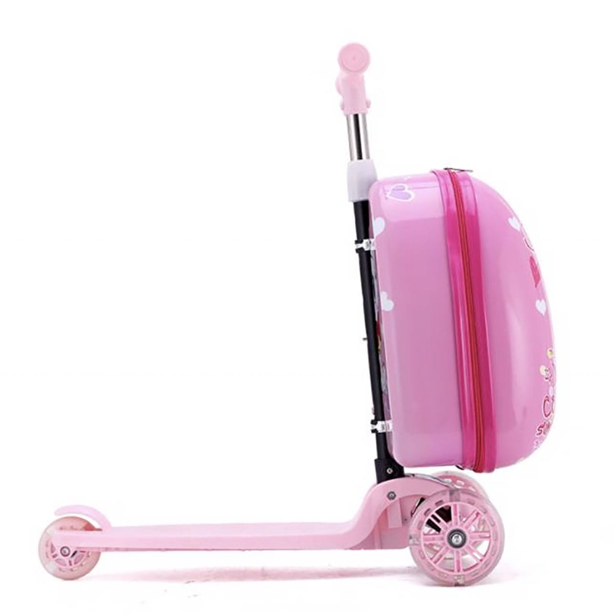 Pinker Scooter Reisekoffer mit Katzen und Herzen Design von der Seite