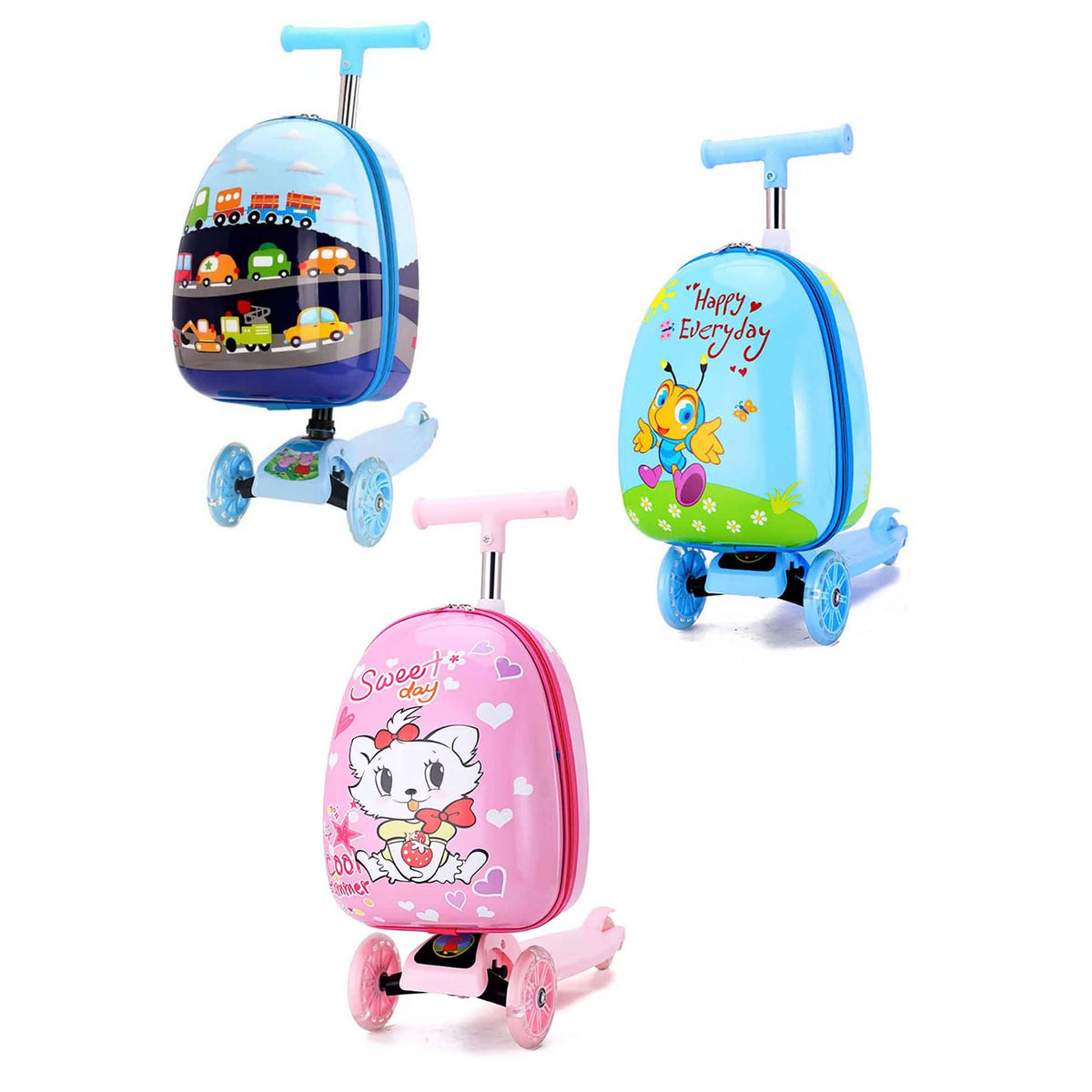 Drei Scooter Reisekoffer für Kinder mit verschiedenen Farben und Designs