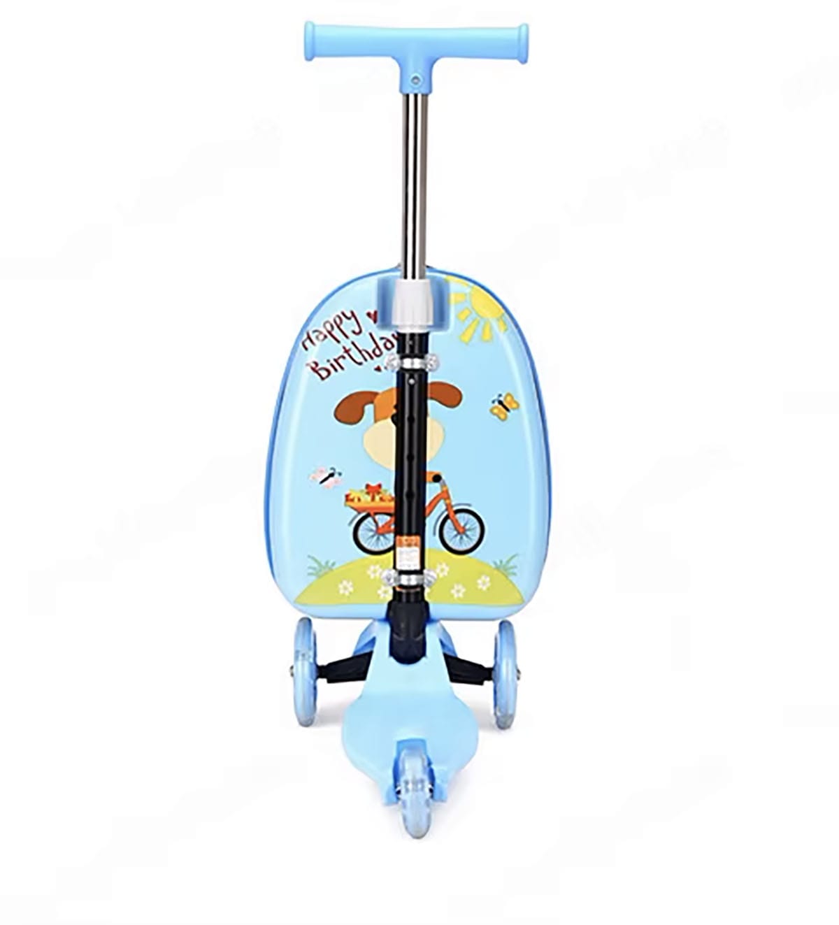 Blauer Scooter Reisekoffer mit Schmetterling und Blumen Design von hinten