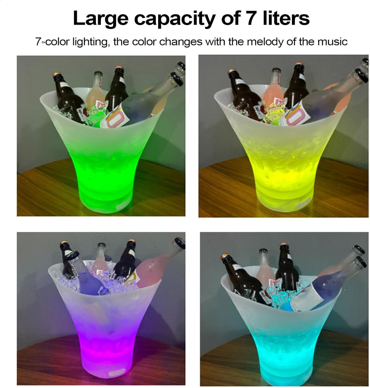Weinkühler in Trichterform mit LED-Licht und verschiedenen Flaschen mit Eis als Inhalt