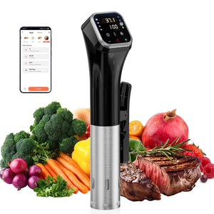 Schwarz-silberner Sous-Vide Garer mit digitalem Bildschirm, Obst, Früchten und Fleisch im Hintergrund