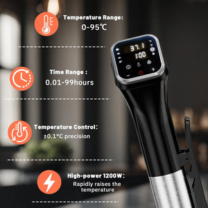 Schwarz-silberner Sous-Vide Garer mit Produktdetails