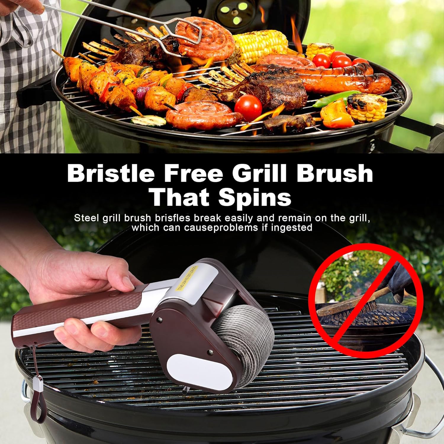 Dunkelroter, elektrischer Grillreiniger in einem Anwendungsbeispiel