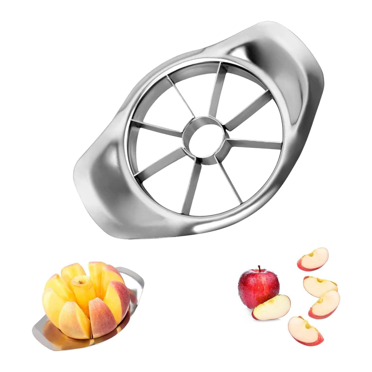 Silberner Obstschneider mit Anwendungsbeispiel bei einem Apfel