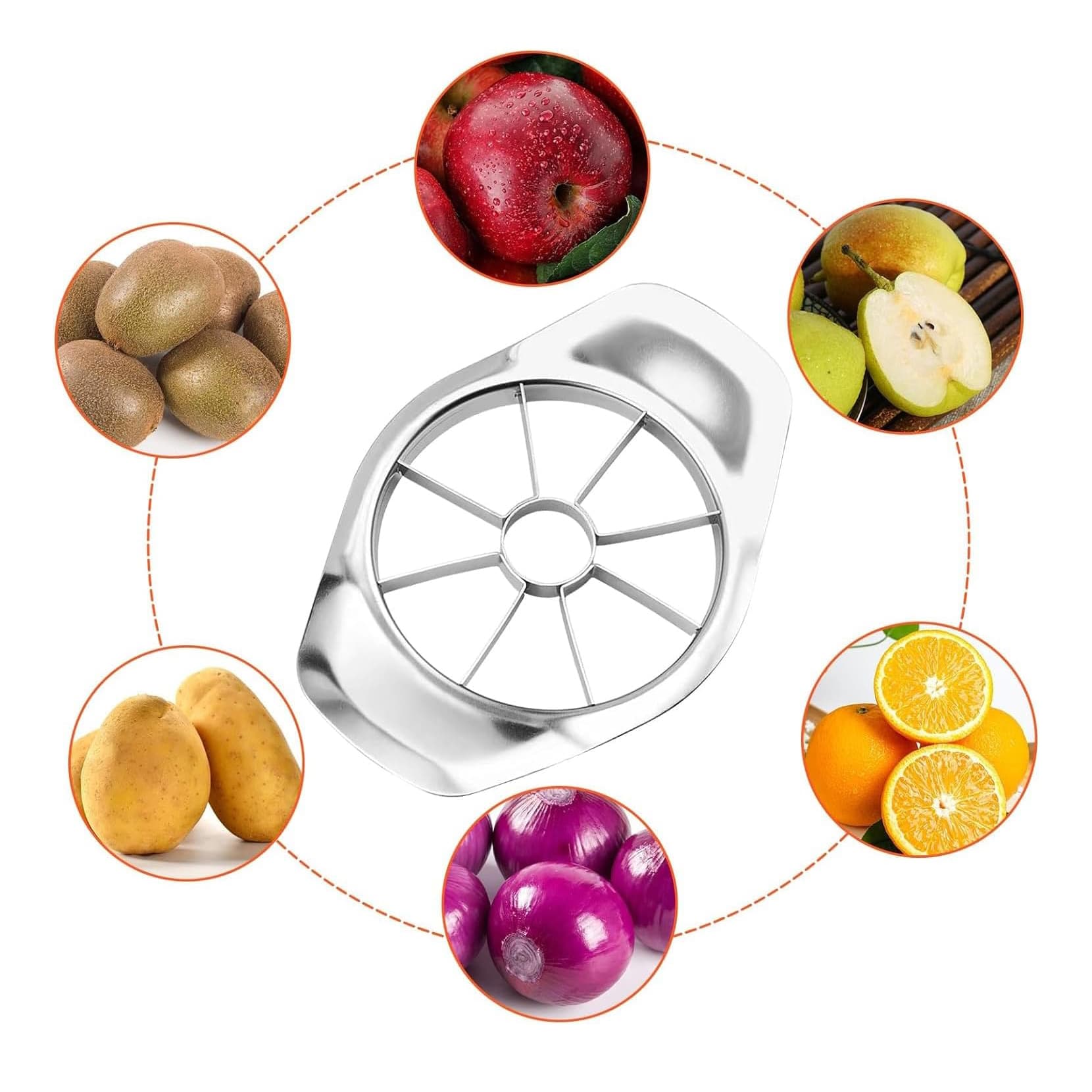 Verschiedene Beispiele zum schneiden: Kartoffeln, Kiwis, Äpfel, Orangen und Zwiebeln