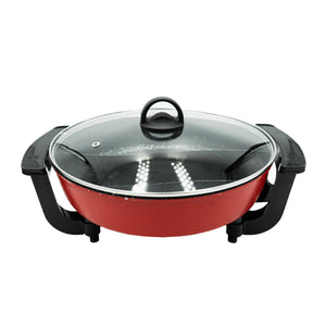 Roter Hotpot mit schwarzen Griffen und einem Glasdeckel