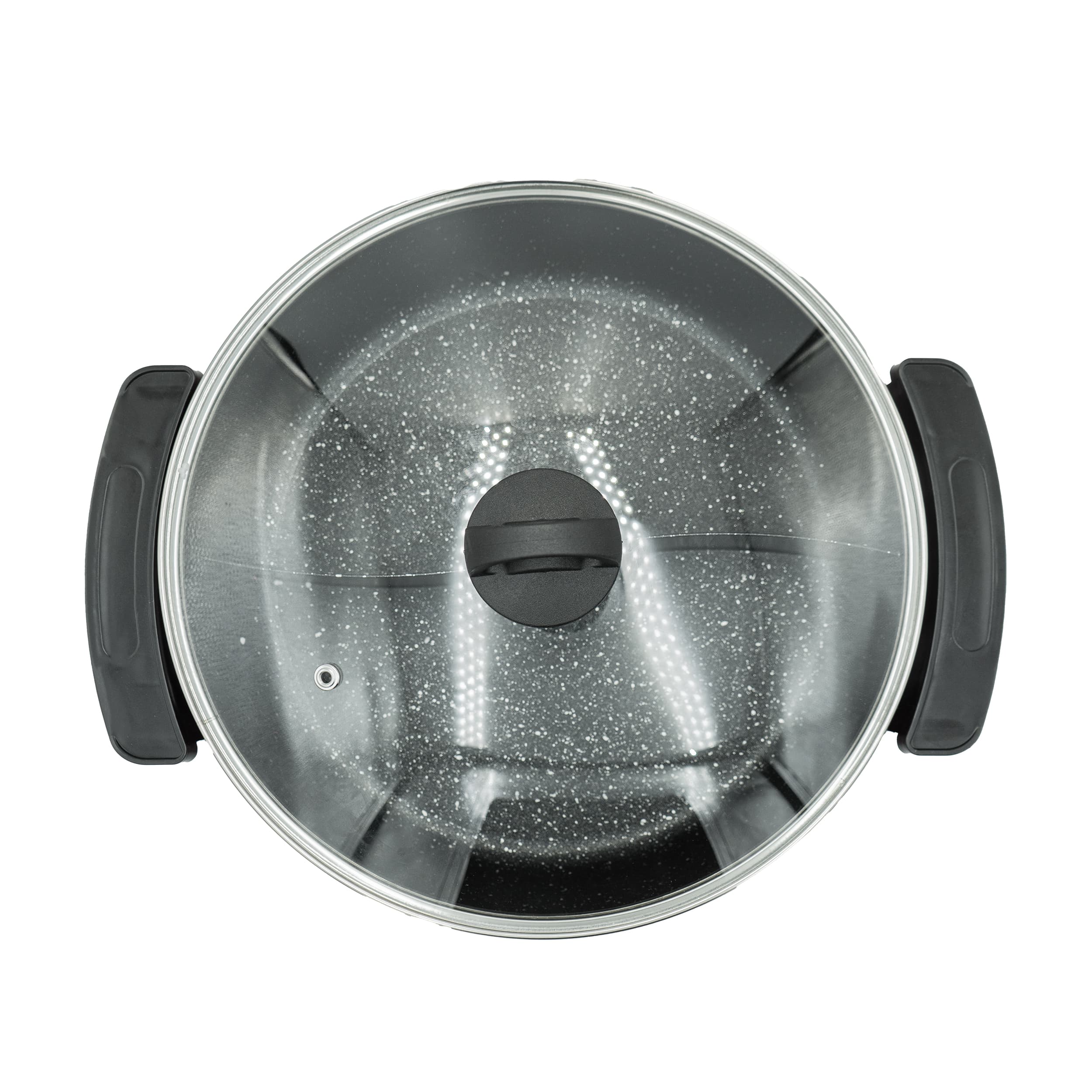 Roter Hotpot mit schwarzen Griffen und einem Glasdeckel von oben