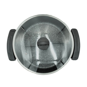 Roter Hotpot mit schwarzen Griffen und einem Glasdeckel von oben