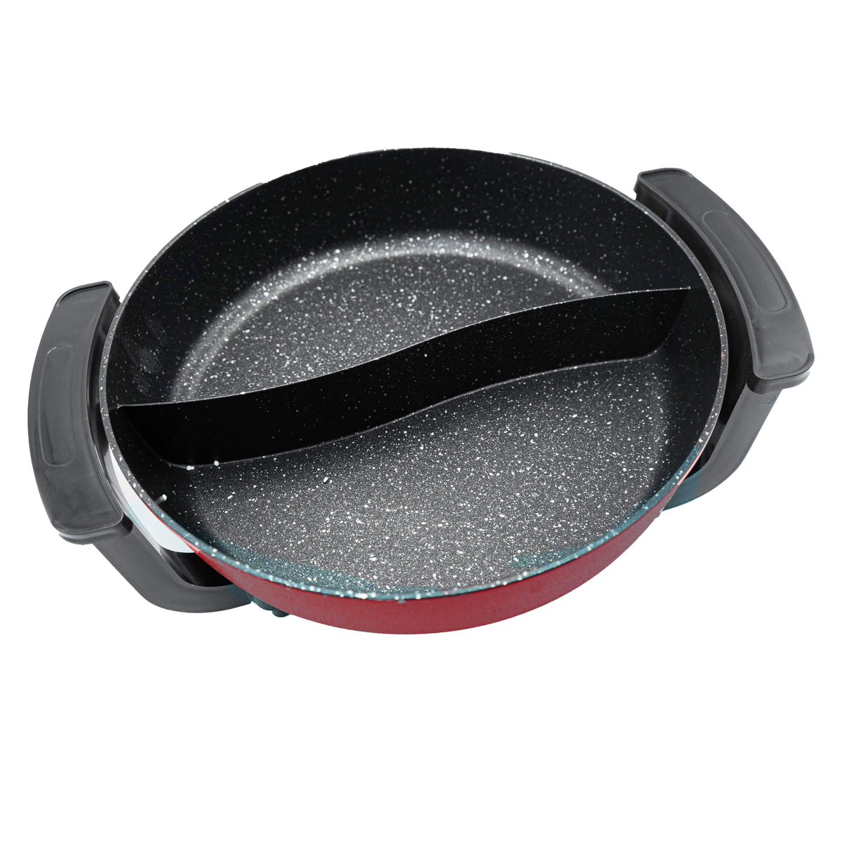 Roter, geöffneter Hotpot mit schwarzen Griffen von der Seite