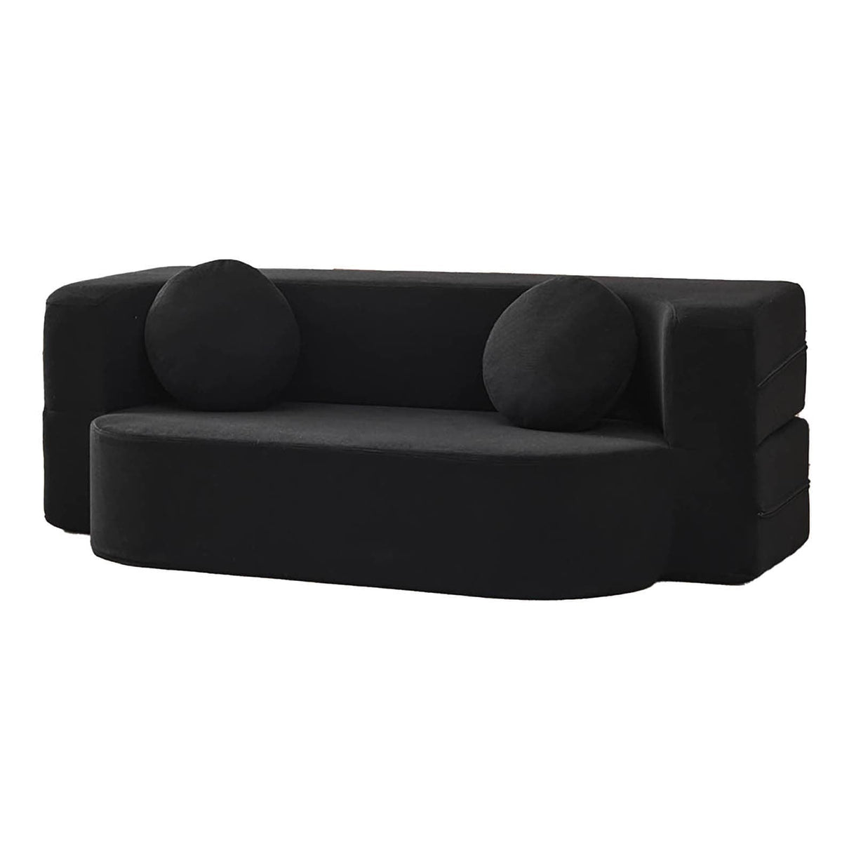 Schwarzes AirBloom Sofa mit zwei runden Kissen