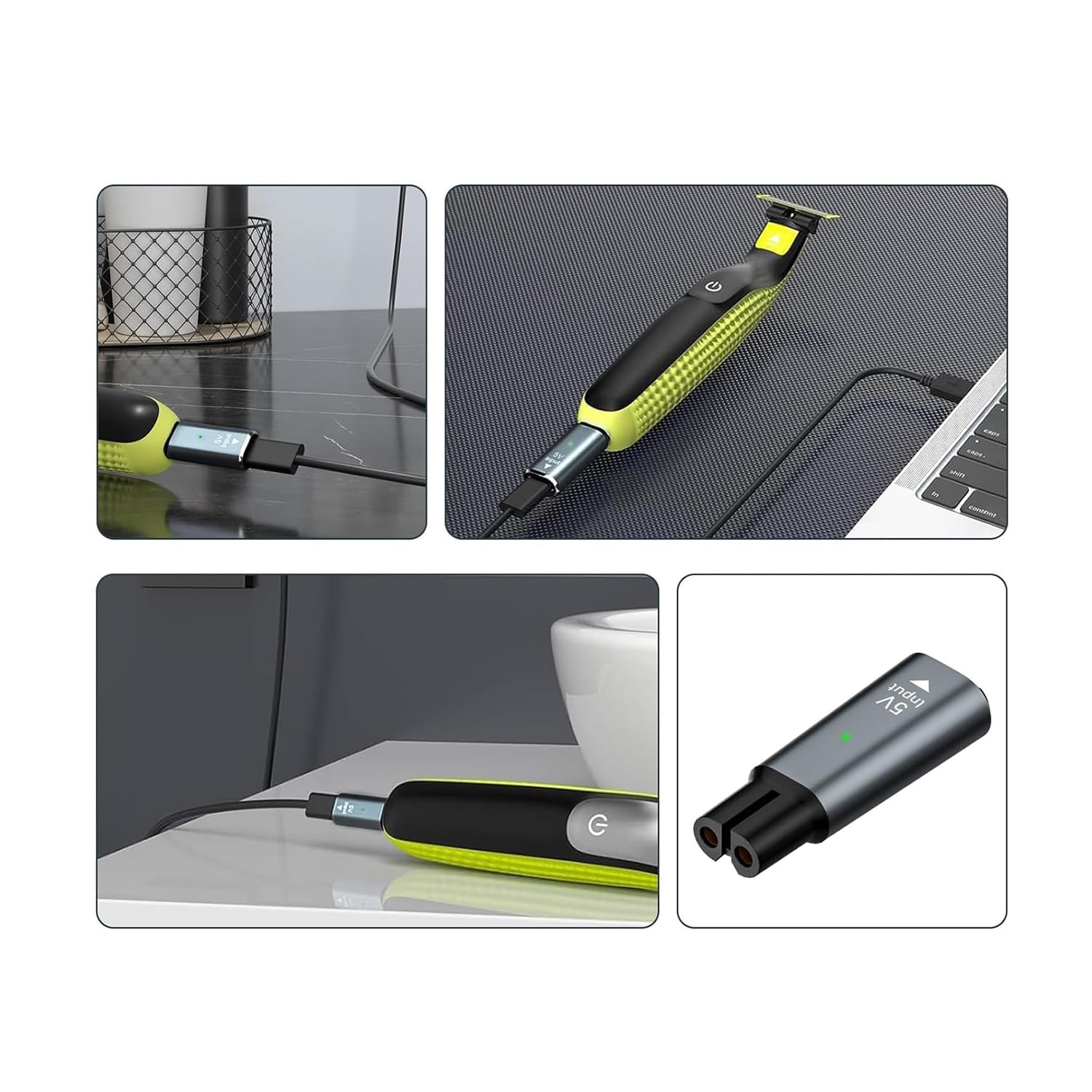 Silberner USB-C zu Phillips Adapter in verschiedenen Anwendungsbeispielen