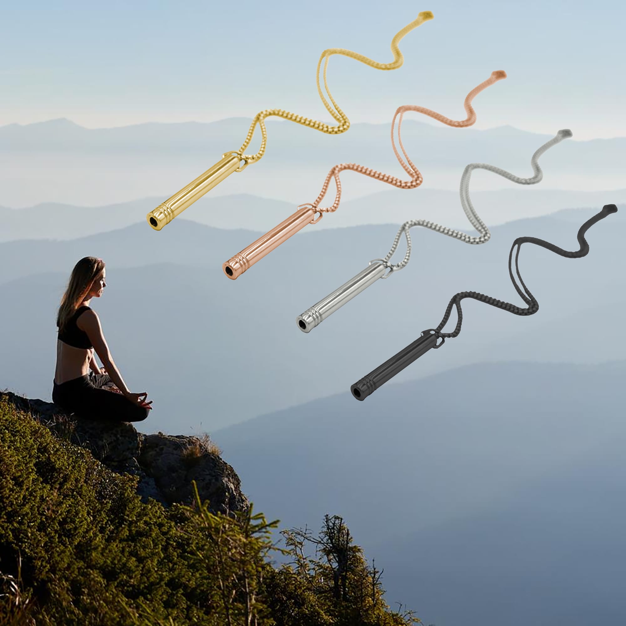 Goldene, silberne, rosagoldene, schwarze Meditations & Raucherentwöhnungsketten mit Natur im Hintergrund