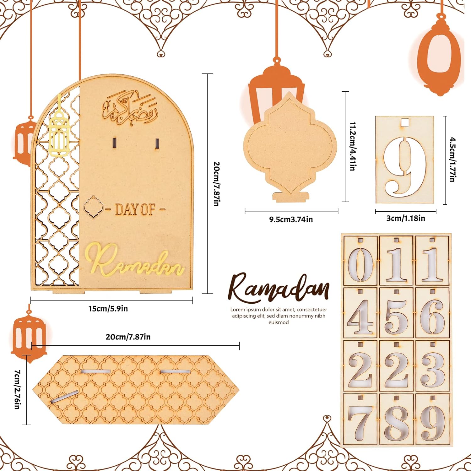 Holz Ramadan-Kalender mit Tages Anzeige in einzelnen Teilen mit ihren Massen
