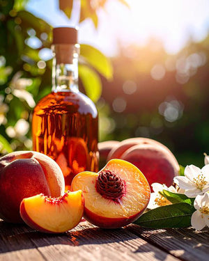 Aufgeschnittene Pfirsiche neben weissen Blumen