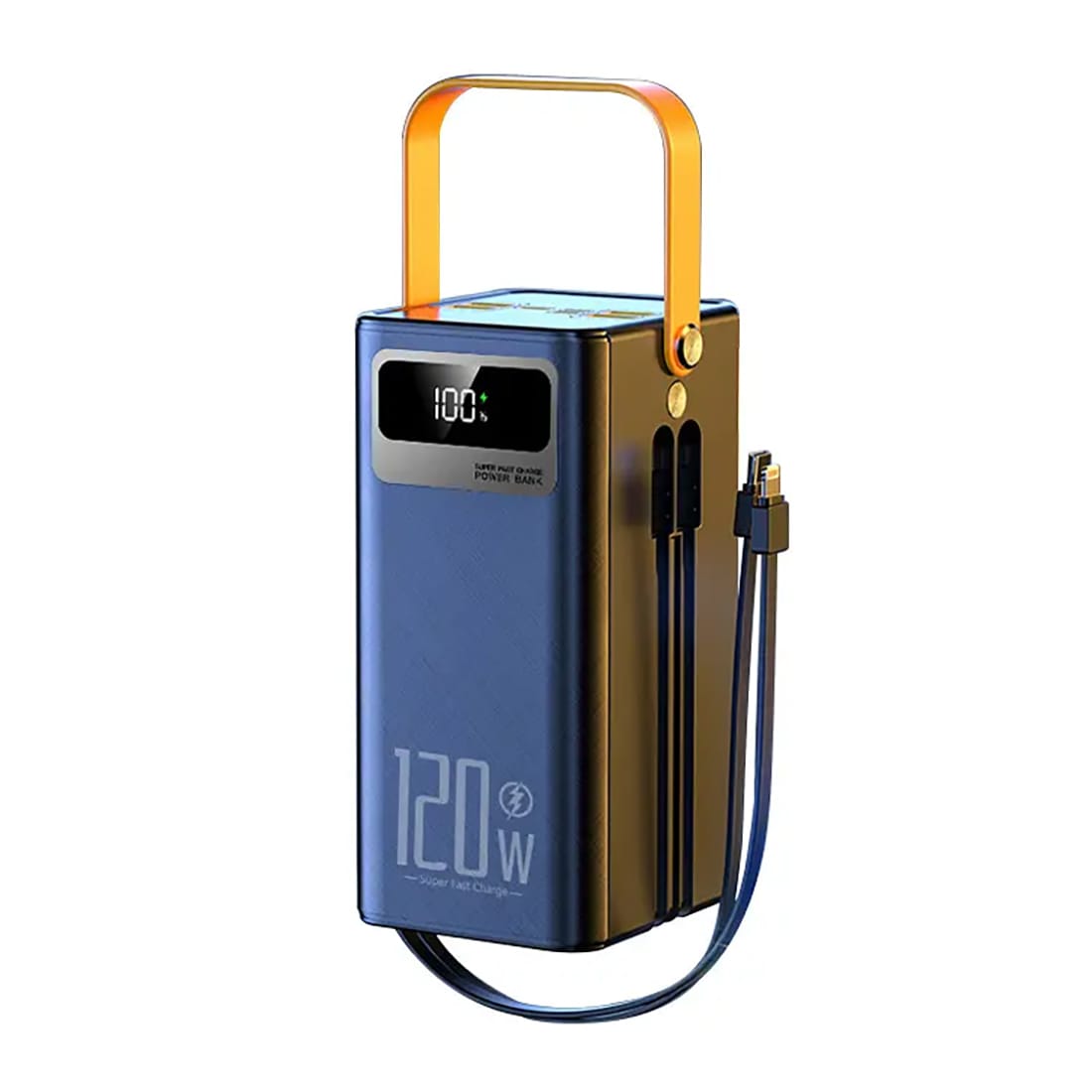 Schwarze Powerbank mit zwei Kabeln, einer digitalen Akkuanzeige und einem gelben Griff 